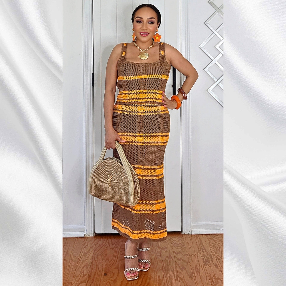Brown & Mustard Color Block Crochet Striped Tank Top Skirt Set